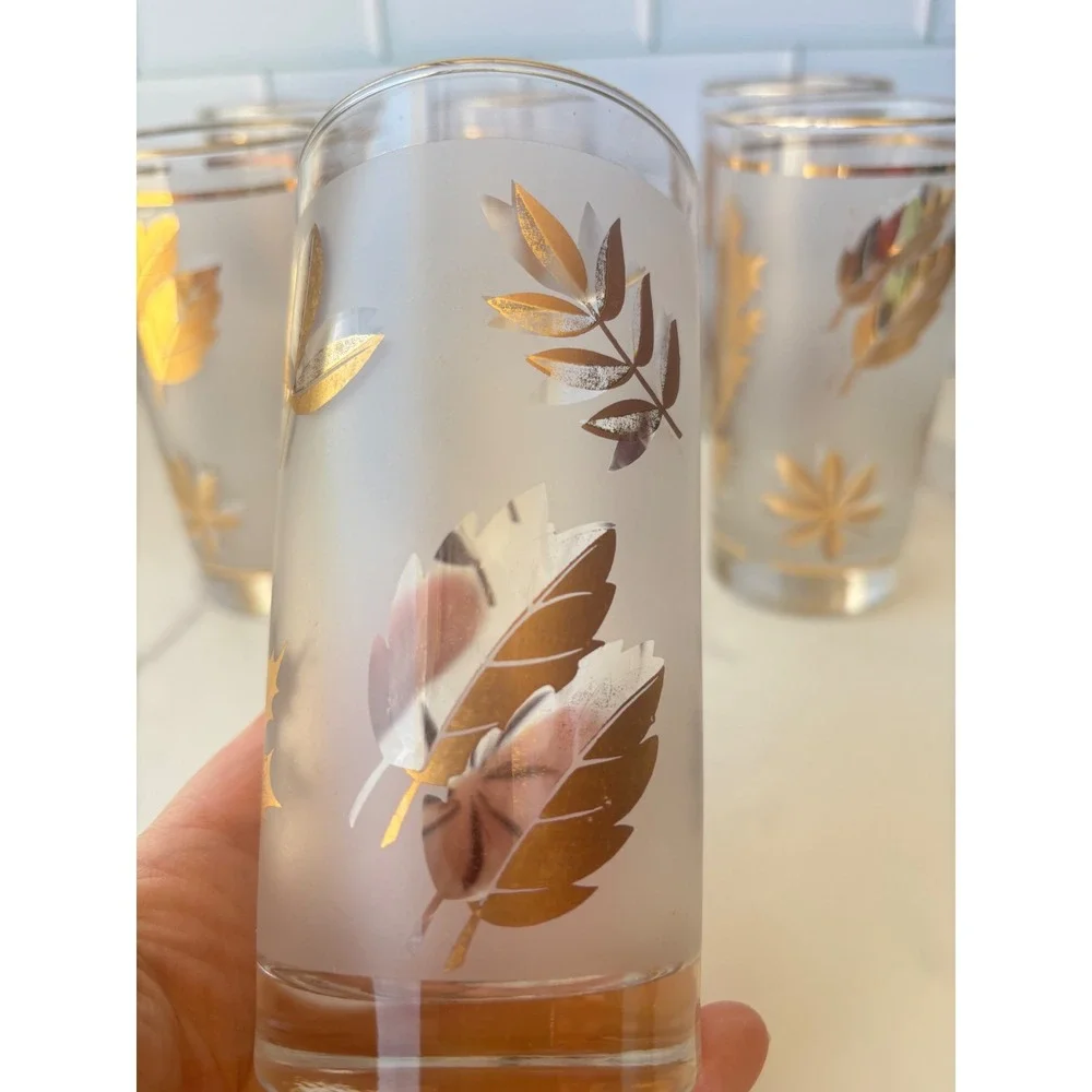 Vtg Libbey Frosted Gold Leaf Highball Glasses Set of 5 MCM Fall Barware 5.5in